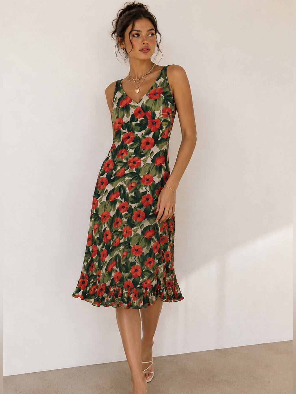 Vintage Y2k Green Coral Poppy Floral Square Open Back Midi Dress Size 4